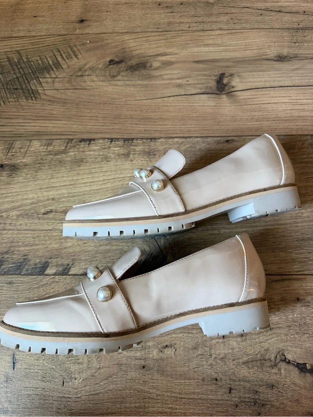 Alex Marie Nude Patent Pearl Loafers | Size 9.5 | pale blush pearl embellishment